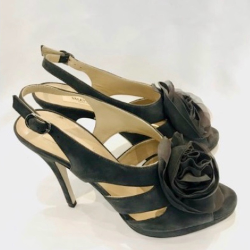 Valentino Garavani Rosette Suede Gray Strappy Heels